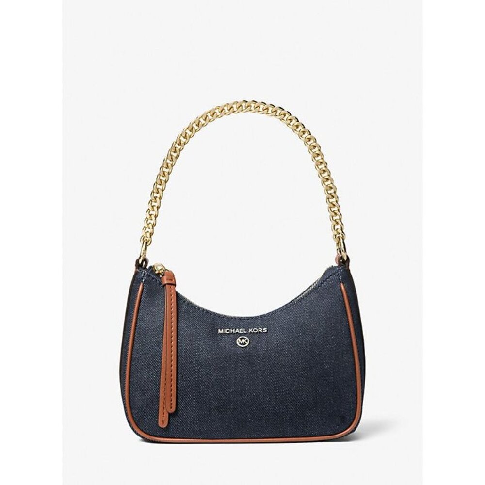 NWT‎ Michael Kors $198 Jet Set Charm Small Denim Pochette handbag gold chain - Picture 2 of 11